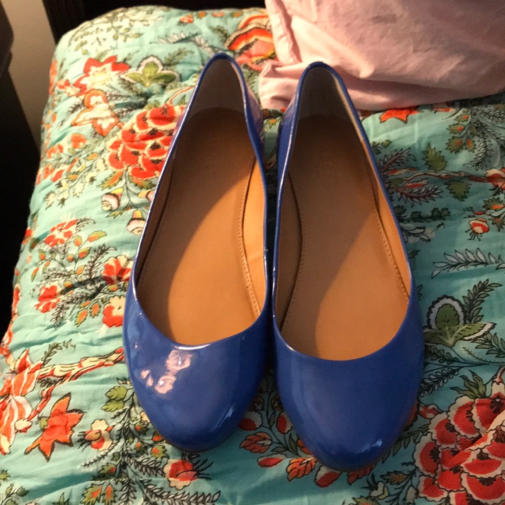 Jcrew round toe blue patent leather block heel